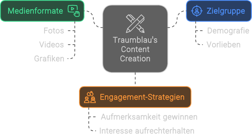 Flussdiagramm, das den Inhaltserstellungsprozess von Traumblr Blau veranschaulicht. An die zentrale Box sind Kästchen mit den Bezeichnungen „Medienformate“, „Zielgruppe“ und „Engagement-Strategien“ angeschlossen. Zu den Unterkategorien gehören Fotos, Videos, Demografie, Kunstfertigkeit und mehr. Es wird deutscher Text verwendet.