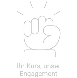 Abbildung einer Faust mit Linien, die von ihr ausgehen und Aktion oder Stärke symbolisieren. Unter der Faust steht der deutsche Satz „Ihr Kurs, unser Engagement“, was auf Englisch „Ihr Kurs, unser Engagement“ bedeutet.