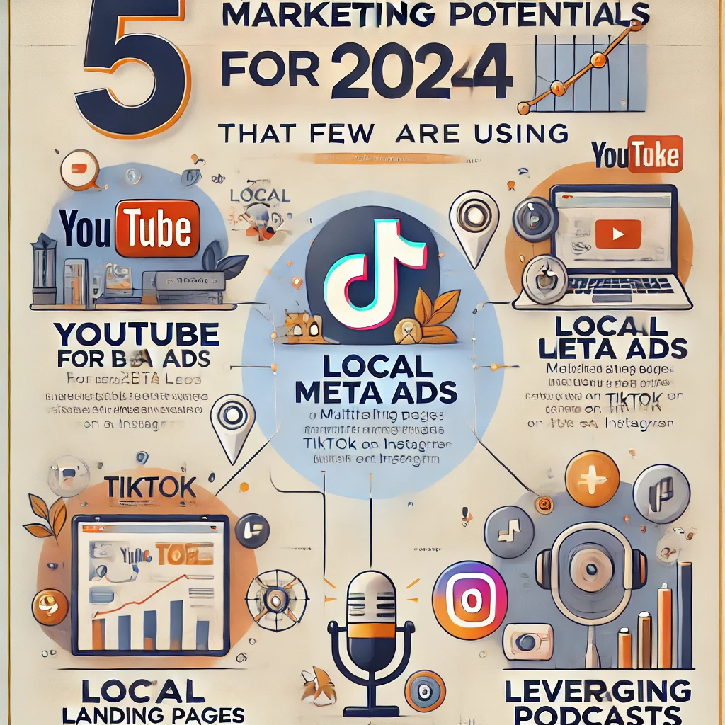 Infografik mit dem Titel „5 Marketingpotenziale für 2024, die nur wenige nutzen“, mit Symbolen für YouTube, TikTok und Podcasting. Highlights: YouTube für B2B, lokale Meta-Anzeigen, lokale Beta-Anzeigen, lokale Zielseiten und die Nutzung von Podcasts. Marketing.