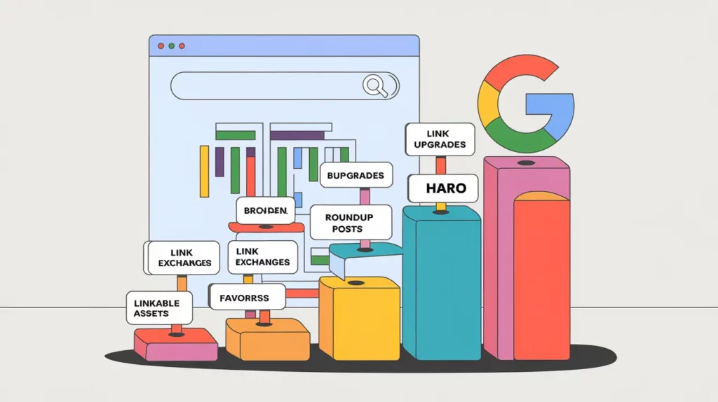 Abbildung eines bunten Balkendiagramms mit Browserfenster und Google-Logo. Die Balken sind beschriftet: Linkable Assets, Link Exchanges, Favors, Broden, Roundup Posts, Bugrades, Link Upgrades und HARO. Die Illustration soll Backlinks aufzeigen.