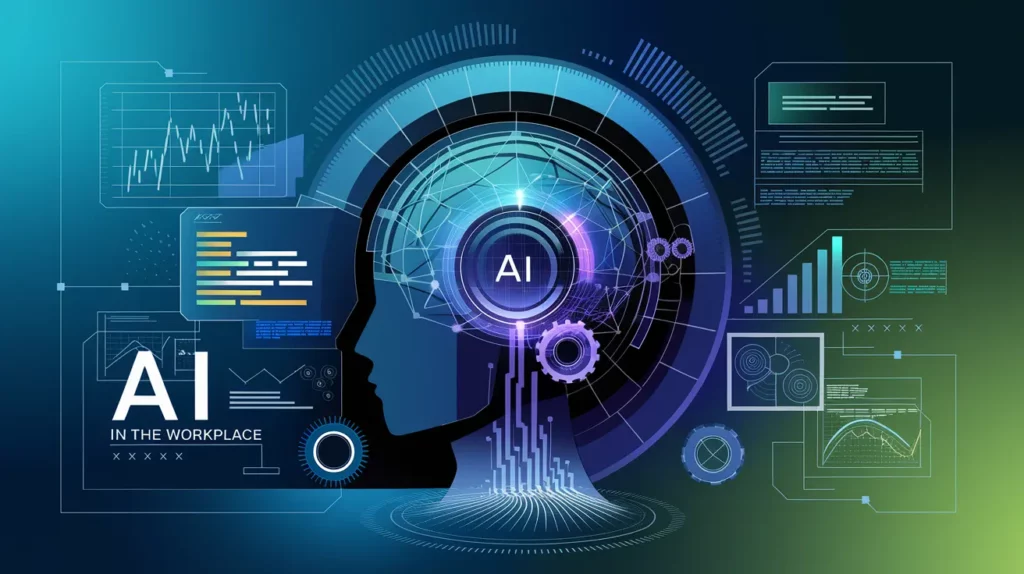 Abbildung eines menschlichen Profils mit digitalen Elementen, Zahnrädern und Linien, die KI-Konzepte symbolisieren. Das Wort „KI“ steht prominent in der Mitte, umgeben von Grafiken und Datendiagrammen, die künstliche Intelligenztechnologie und -analyse darstellen.